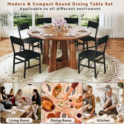 HUAHUU Round Dining Table Set for 6, 7-Piece Kitchen Table and Chairs for 6, 47'' Round Dining Room Table Set with 6 Chairs, Space Saving Dining Table with Wood Base for Kitchen, Living Room, Rustic