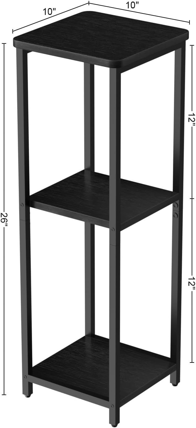 10" Wide Square Drink Table with Adjustable Feet - 3-Tier Small Side Table for Apartments, Balcony & Office | Space-Saving, Lightweight & Multi-Functional (Plants, Books, Drinks,Black)
