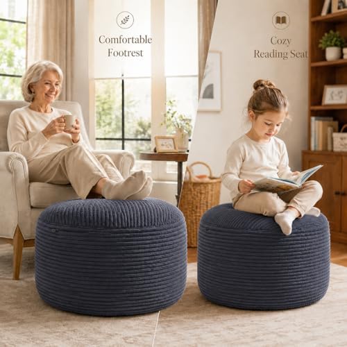 Round Stuffed Pouf Ottoman, Foot Stool Ottoman,Corduroy Poufs with Foam Chunk Filling, Furry and Fluffy Storage Ottomans, 26 X 18 Floor Poufs Foot Rest for Living Room,Gray