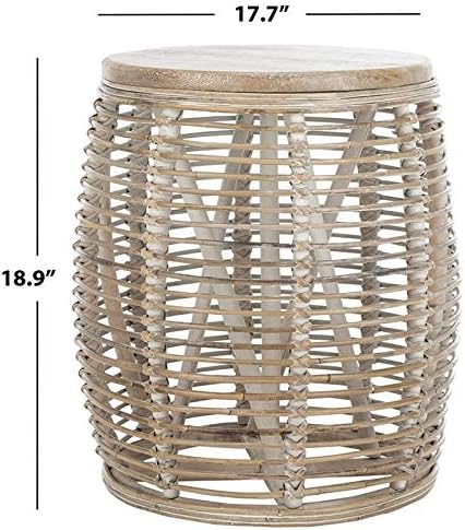 SAFAVIEH Maui Rattan Accent Stool, 16.93" Coastal Grey White Wash STL6500A