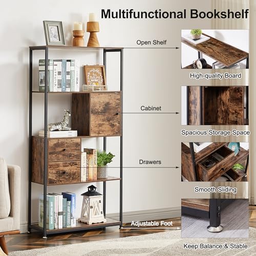 VECELO 5-Tier Bookshelf,Bookcase with Drawers and Cabinet,62"x 31"x 12",Wooden Book Shelves with Metal Frame,Open Storage Shelf for Living Room, Bedroom,Office,Kichen，Brown