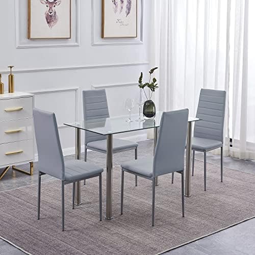 Dining Table Set for 4, 5 Piece Kitchen Table and Chairs for Dinette, Apartment, Compact Space-Saving w/Tempered Glass Tabletop and 4 Upholstered Chairs, Clear/Silver+Slate Gray