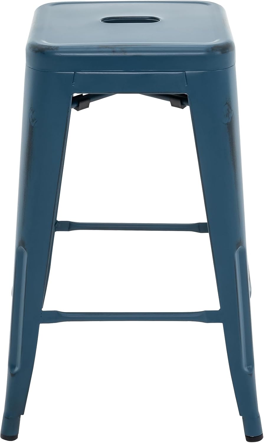 24 Inch Metal Bar Stools Set of 2, Stackable Indoor Outdoor Distressed Blue