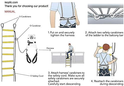 Fire Evacuation Rope Ladder, 4-Story, 32 ft, Spring Hooks & Safety Cord