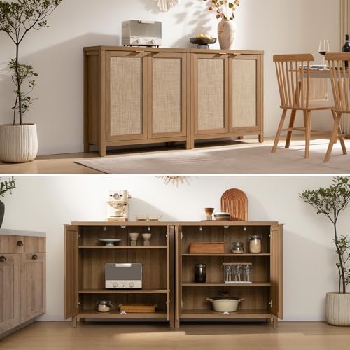 SICOTAS Sideboard Buffet Cabinet with Large Storage, Rattan Boho Credenza