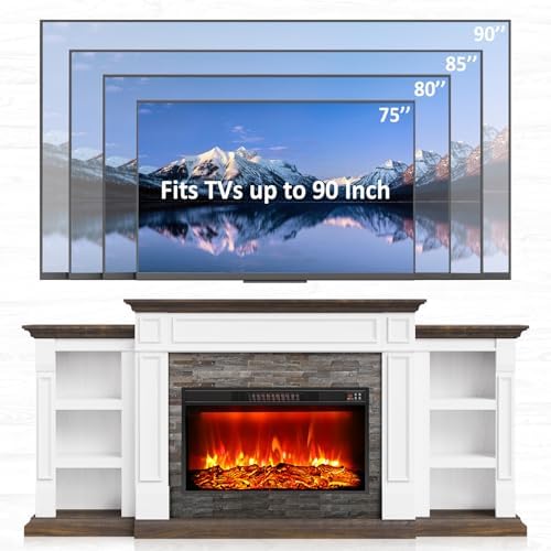 Naice 80" Electric Fireplace with Mantel Fireplace TV Stand for Living Room | Entertainment Center with 30in Realistic Flame Fireplace Heater and Reallike Stacked Stone Surround, White&Brown
