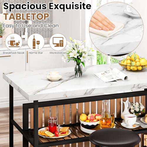 DKLGG Kitchen Island with Stools & Storage, Modern Dining Table Set for 2, 3 Piece Kitchen & Dining Room Sets Island Table for Small Space, Apartment, Home Bar, White
