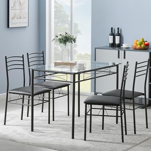 VECELO Dining Table Set for 4, 5-Piece Glass Kitchen Table with Upholstered Padded Chairs for Small Space, Breakfast Nook, Space-Saving, Black