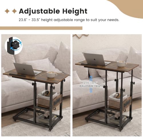 Hadulcet Adjustable C Table with Charging Station, Tiltable Desk C Shaped End Table for Couch, Over Bed Table with Wheels Adjustable Height, Hospital Table Laptop Stand Drawing Desk, Rustic Brown