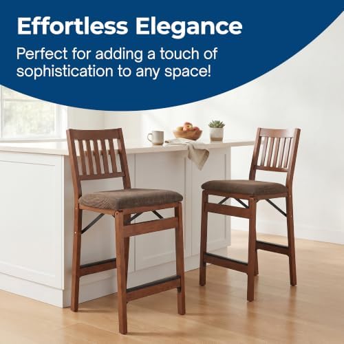MECO Stakmore Premium Solid Wood Dining Table Folding Counter Stools Set with Fabric Padded Upholstered Seat, Espresso (2 Pack)