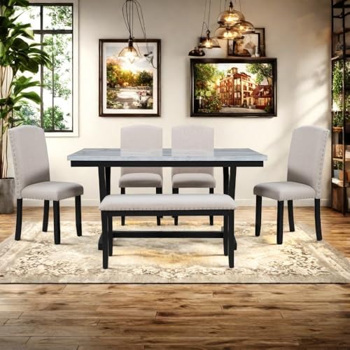 LUMISOL 6 Piece Dinette Set Large Dining Table Set with Bench Include Faux Marble Tabletop, 4 Padded Chairs and Bench, White+Black