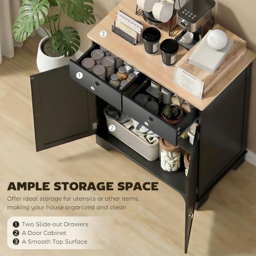 HOMCOM Sideboard Buffet Cabinet Solid Wood Countertop Black