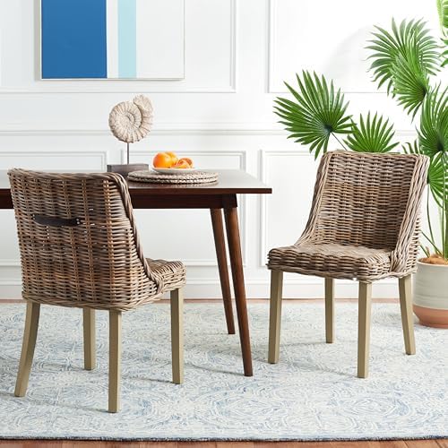 Safavieh Home Collection Caprice Grey 18-inch Wicker Dining Chair with Leather Handle (Set of 2)