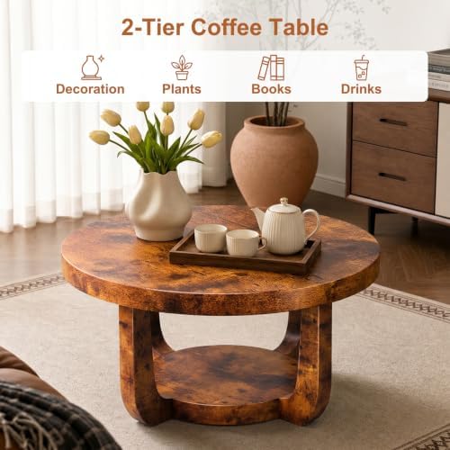 Round Coffee Table, 2-Tier Circle Coffee Table with Storage (Brown)