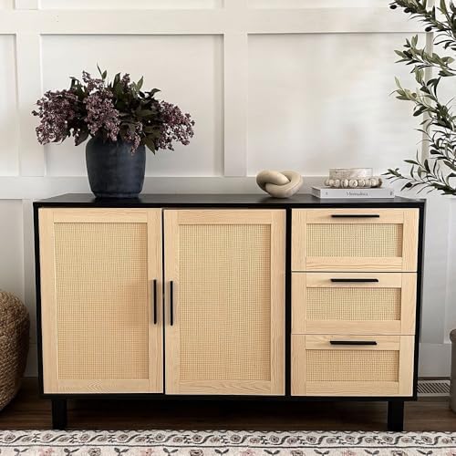 PHI VILLA Black Rattan Cabinet with Doors, Buffet Sideboard Cabinet with Drawers, 2 Door Storage Cabinets