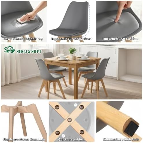 Dining Chairs Set of 4, PU Leather Kitchen Chairs,Wood Legs (Gray, 4 PC)
