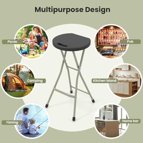 GYMAX Folding Stool, 28in Portable Collapsible Bar Stool with Handle & Steel Frame, 330lbs Sturdy Foldable Lightweight Metal Chair for Outdoor/Indoor Kitchen Home Bar, Assembly Free (Set of 2, 28inch)