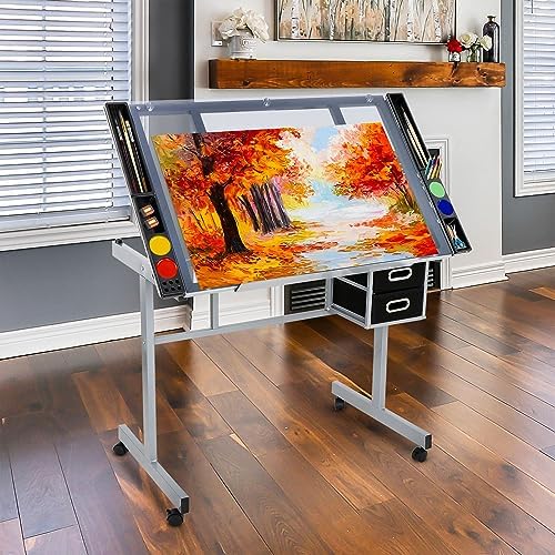 Nova Microdermabrasion Glass Top Drafting Table with Storage, Adjustable Drawing Desk Rolling Art Craft Station Writing Work Table with Drawers & Wheels