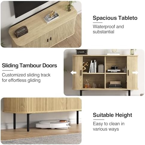 Fluted Sideboard Buffet Cabinet, Sliding Door/Adjustable Shelf, Natural