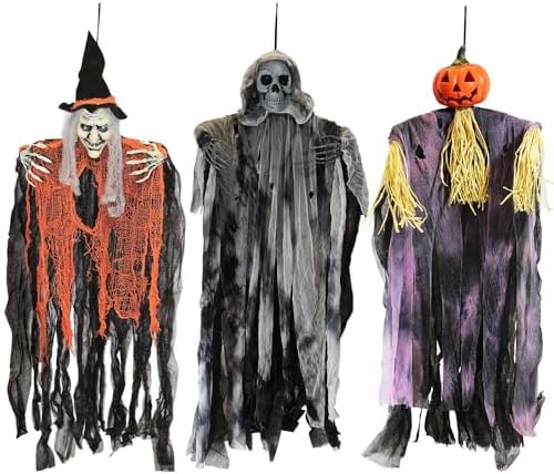 JOYIN 3 Pack 35” Hanging Ghosts Witch Pumpkin Decor Hanging Halloween Decorations Outdoor Halloween Decor, Scary Flying Witch Grim Reapers Haunted House Front Porch Decor Yard Garden Lawn Party