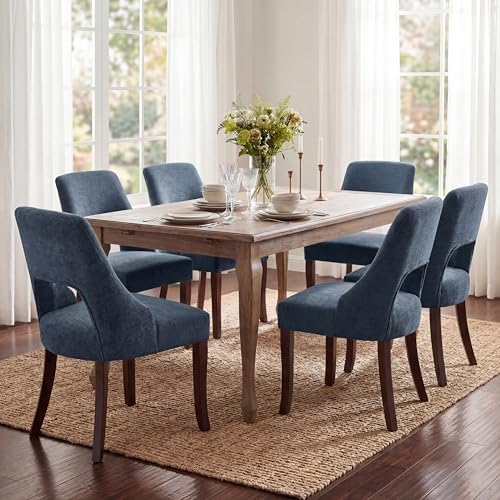 UVV Wooden Dining Chairs Set of 4, Mid Century Upholstered Dining Room Chair Kitchen Chairs, Chenille Dinner Chair with Solid Wood Legs for Kitchen Dining Room, Navy Blue