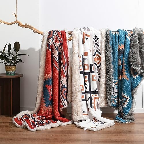 Luxury Plush Faux Fur Throw Blanket with Aztec Pattern, Super Warm, Fuzzy, El...