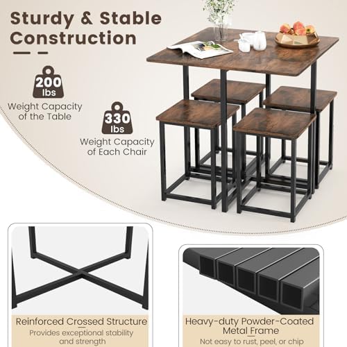 Tangkula Compact Dining Table Set for 4, Small Kitchen Table Set with Square Stools and Metal Frame, Perfect for Small Spaces, Home Kitchen Bar and Apartments