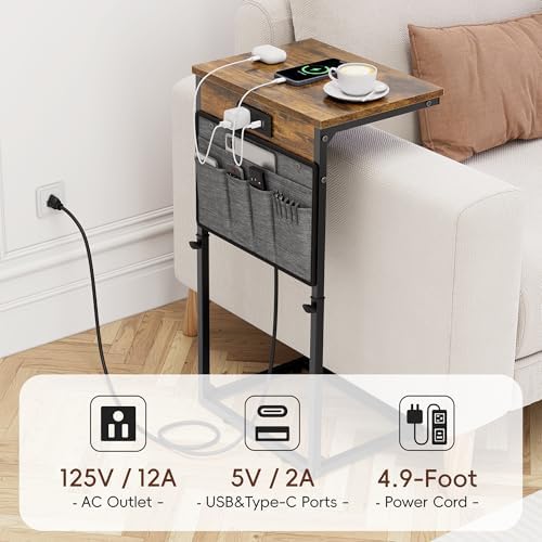 Vagusicc C-Shaped End Table with Charging Station, Small Side Table for Couch, 33" Tall C Table Adjustable Height Side Table, Couch Tables that Slide Under, Sofa Table TV Tray for Living Room, Brown