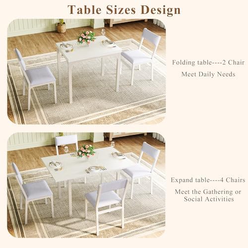 HUAHUU Dining Table Set for 4, Extendable Kitchen Table Cushion Chairs Set of 4, Rectangle Dining Table with Metal Frame & MDF Board, Folding for Small Apartment Saving Space, White