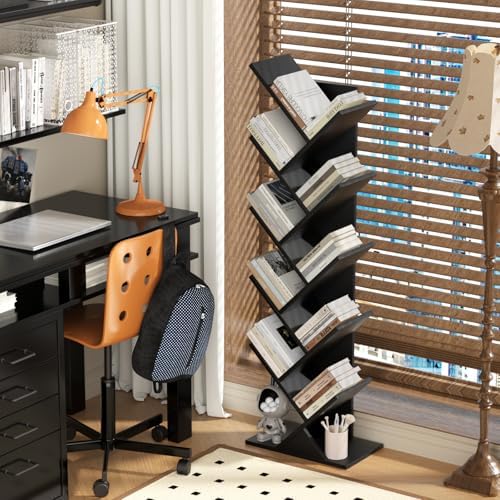 10 Tier Tree Book Shelf, Floor Standing Wood Bookshelf for Narrow Space