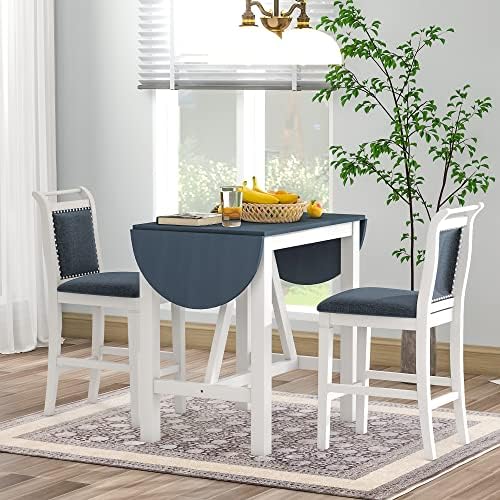 Harper & Bright Designs 3 Piece Counter Height Kitchen Dining Set with Drop Leaf Dining Table and 2 Dining Padded Chairs, Dining Room Set for Small Places, White