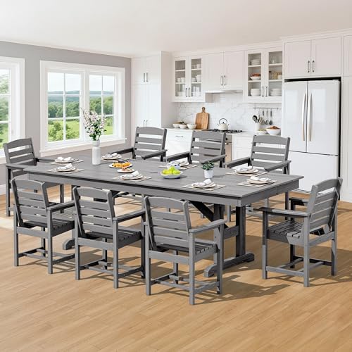 SERWALL 9Pcs 84" HDPE Outdoor Dining Set for 8 with Armchairs,Gray