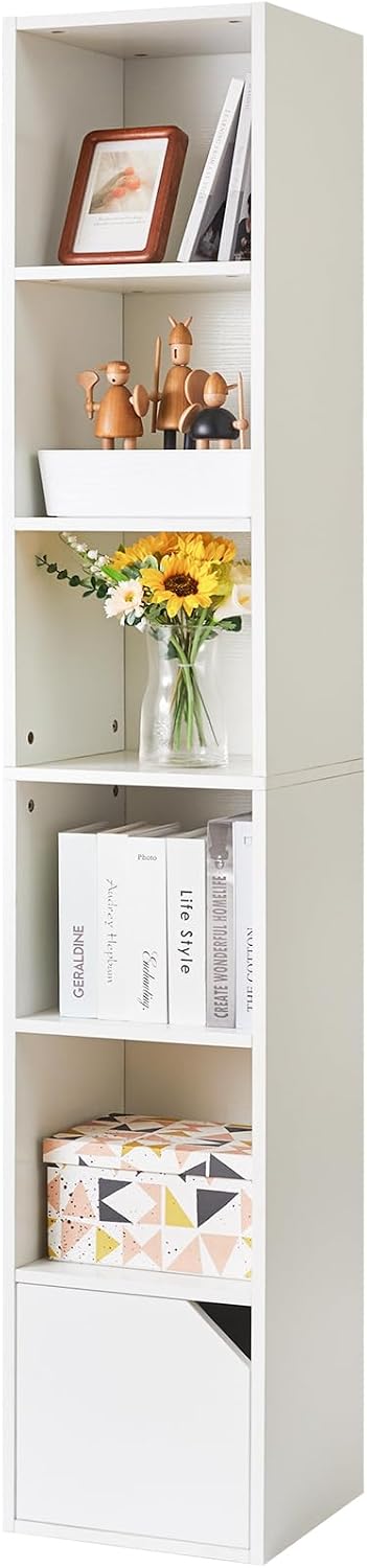 IBUYKE 6 Tier Narrow Bookcase with Doors,Display Bookshelf,White WBC001W