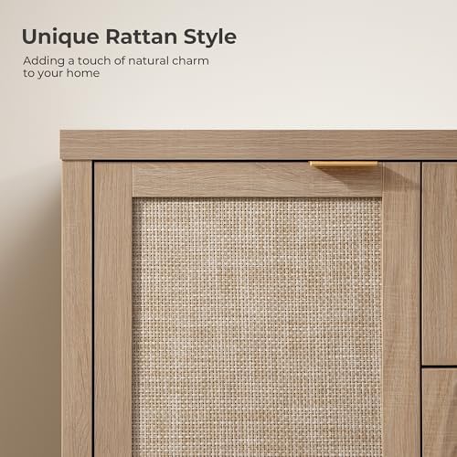 SICOTAS 52 Inch Rattan Sideboard Buffet Storage Cabinet with 3 Drawers