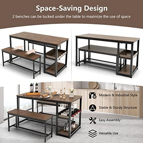 GIANTEX Dining Table Set for 4, 3-Piece 55" L Kitchen Table Set w/ 2 Benches, Breakfast Table w/ 5-Bottle Wine Rack & Glass Holder, Space-Saving Dinette Set for Dining Room, Kitchen, Apartment