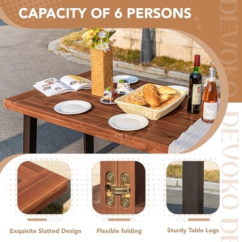 Devoko 6 Person Acacia Wood Dining Table for Kitchen, Walnut Brown
