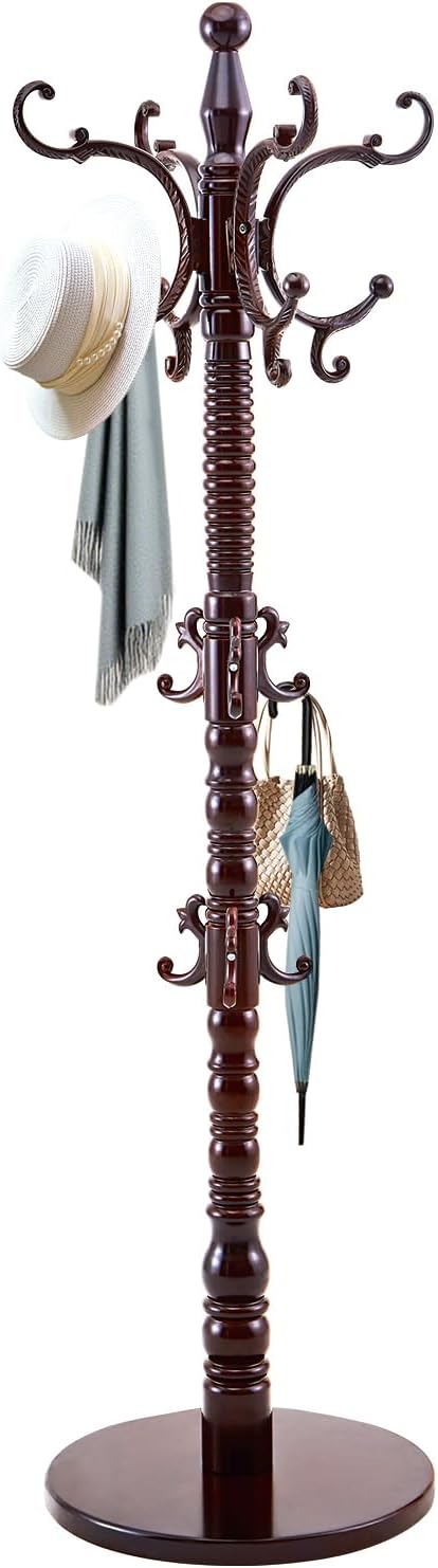 EZIVIEZ Coat Rack Vintage Solid Wood Coat Rack Freestanding with 14 Hooks