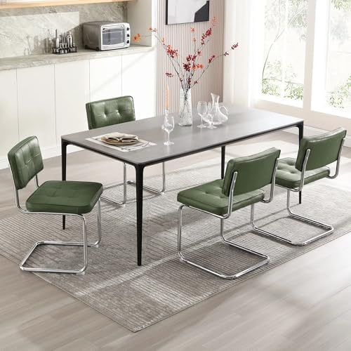 Zesthouse Faux Leather Dining Chairs Set of 4, Industrial Metal Chairs with Stainless Chrome Legs, Mid Century Modern Cesca Chair for Kitchen & Dining Living Room, Upholstered Armless Chair, Green