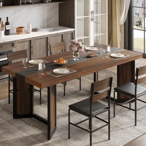 Industrial Dining Table for 6-8 People, 71" Large Long Wooden Kitchen Table with Sturdy Metal Frame & Brown Finish, Rustic Style Rectangular Dinner Table for Dining Room, Kitchen (Reddish Brown )