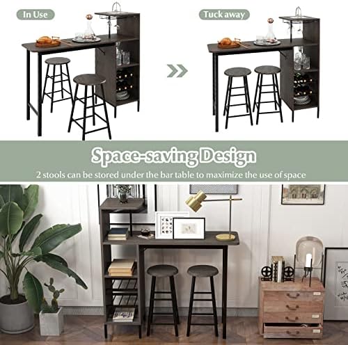 GIANTEX 3 Pieces Bar Table and Stools Set, Bistro Table Set with Glass Holder, 2 Tier Wine Rack & Storage Shelves, Kitchen Counter Table with 2 Stools for Home, Dining Room, Restaurant, Pub (Brown)