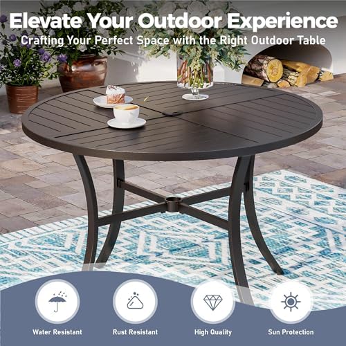 5pc Patio Dining Set for 4, Outdoor 42" Round Metal Table & 4 Brown Chairs
