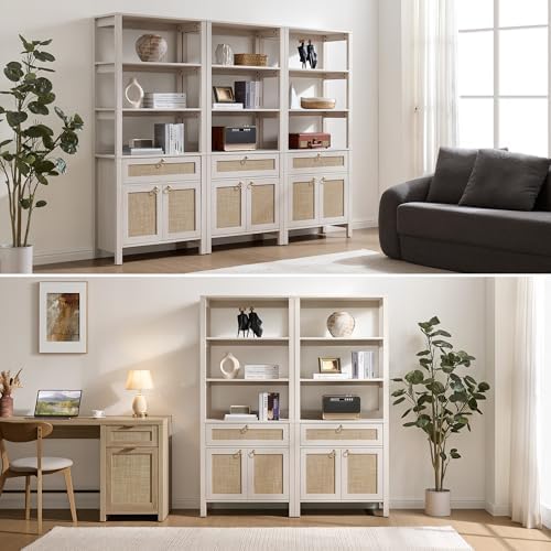 SICOTAS 68.5" Tall Boho Large White Rattan Bookshelf with Drawer and Doors