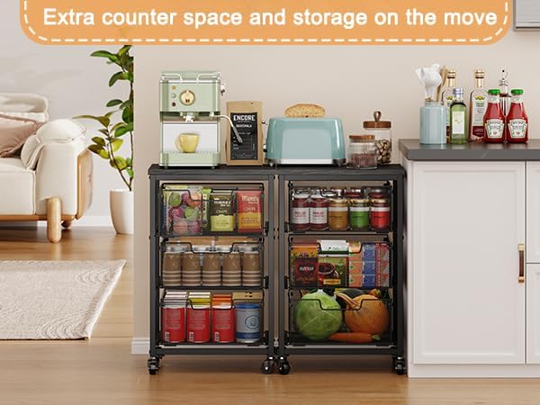 Pantry Organizer and Storage Cart, 3-Tier Kitchen Storage Cart with Drawer, F...