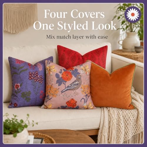 Embroidered Bold Patterned Throw Pillow Covers, 4 Pack Set, 18x18 Inch Floral...