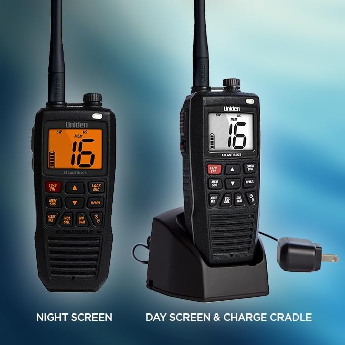Uniden Atlantis 275 Handheld Two-Way VHF Marine Radio, Floating IPX8 Submersi...