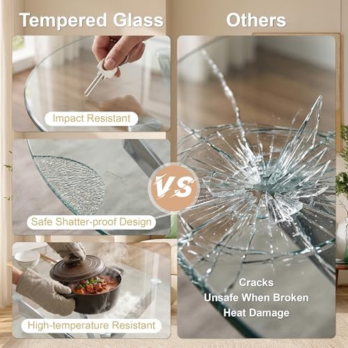 Round Glass Dining Table Set for 4, 35.5'' Tempered Glass Top Kitchen Table with 4 Upholstered Chairs, Space Saving Dinner Table Set for Small Apartment Dining Room, Silver & White