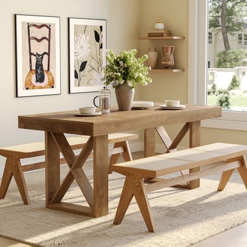 Little Tree 63-Inch Dining Table for 4-6 People, Farmhouse Thick Appearance Design, Rectangle Kitchen Dinner Table for Home, Rustic Yellowish Brown