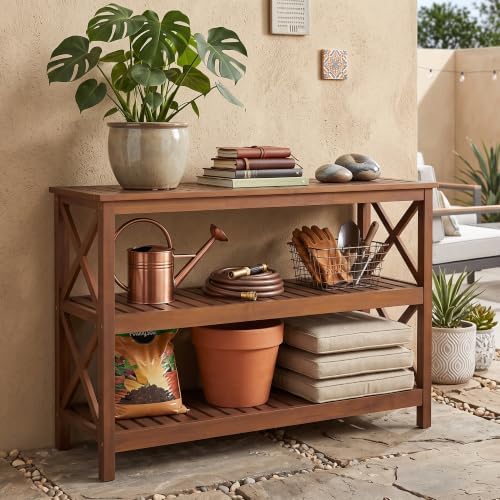 SUPER DEAL 48 in Solid Wood Console Table, 3-Shelf Wooden Outdoor Side Table with Adjustable Feet, Multifunctional Buffet Bar Storage Organizer for Indoor Patio Porch and Entryway, Espresso