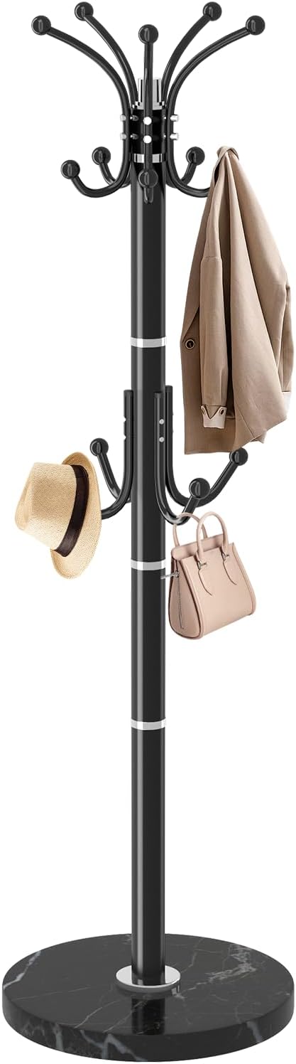 EZIVIEZ Coat Rack with 360°Rotary 14 Hooks Umbrella Holder Marble Base