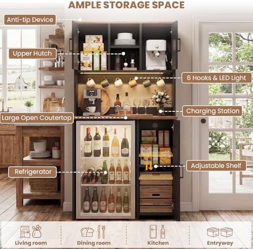 Unikito Mini Fridge Cabinet with Storage, Power Outlet & LED Light, Black